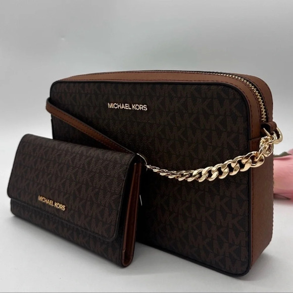 Michael Kors Large EW Crossbody Bag & Large Trifold Wallet Brown - Picture 1 of 16